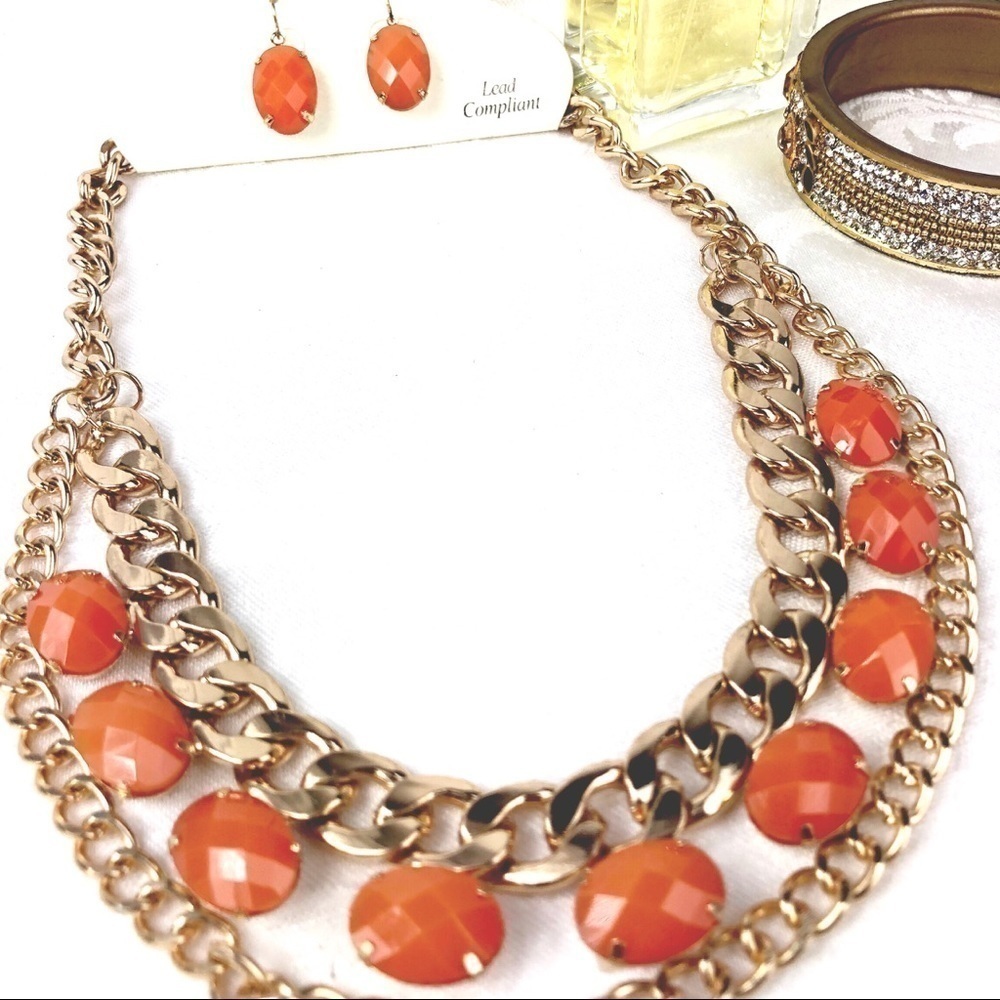 Fashion Jewelry l ORANGE AND GOLD STATEMENT NECKLACE #157